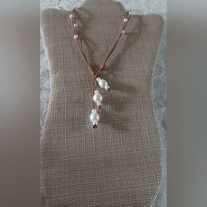 Handmade White Pearl & Tan Leather 3-Way Necklace